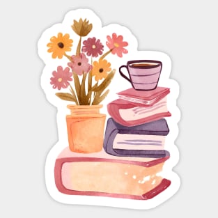 Cute Watercolor Books and Coffee and Flowers Sticker